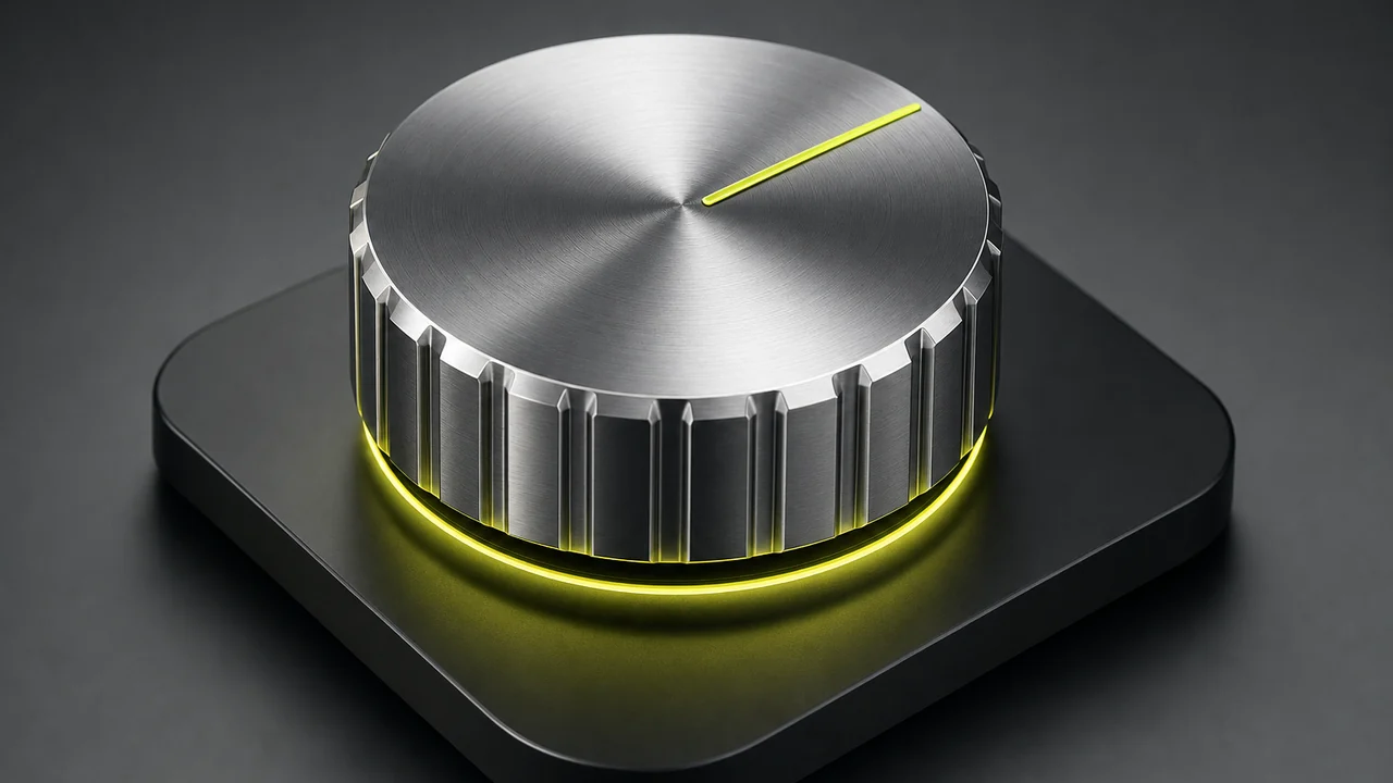 A machined rotary speed dial with detented notches around its rim and a single pointer, created with Pixazo AI