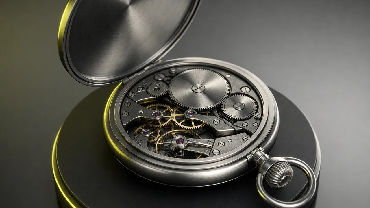 A brushed metal stopwatch with its back open to show the gear train, created with Pixazo AI
