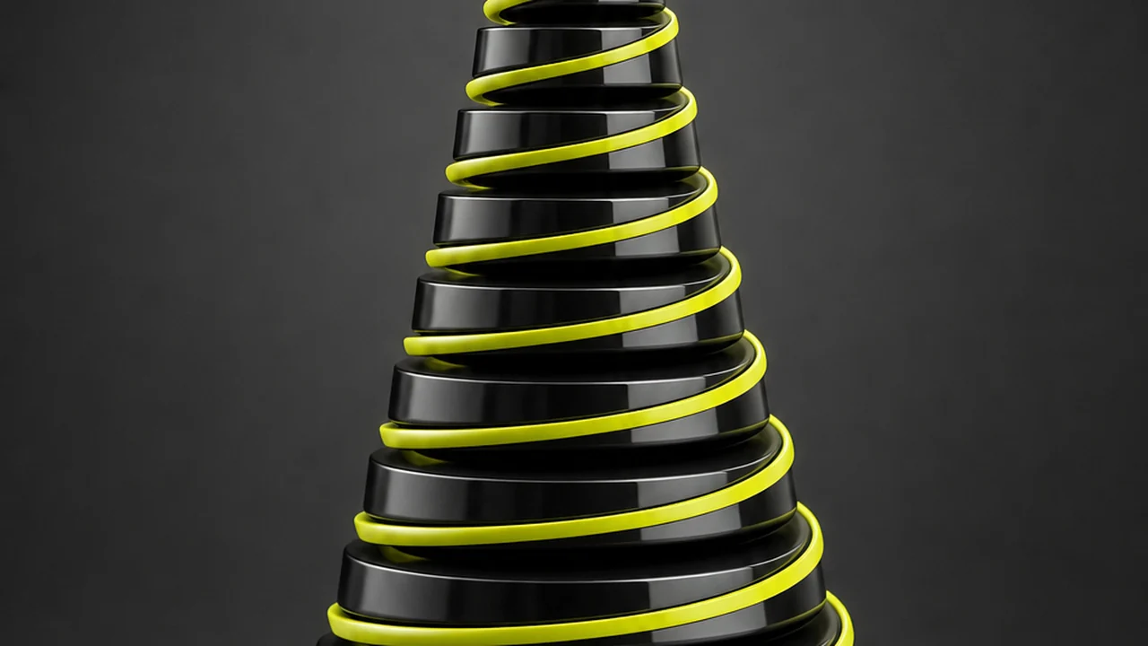A stepped cone of glossy dark discs of decreasing diameter with a lime ribbon spiralling upward, created with Pixazo AI