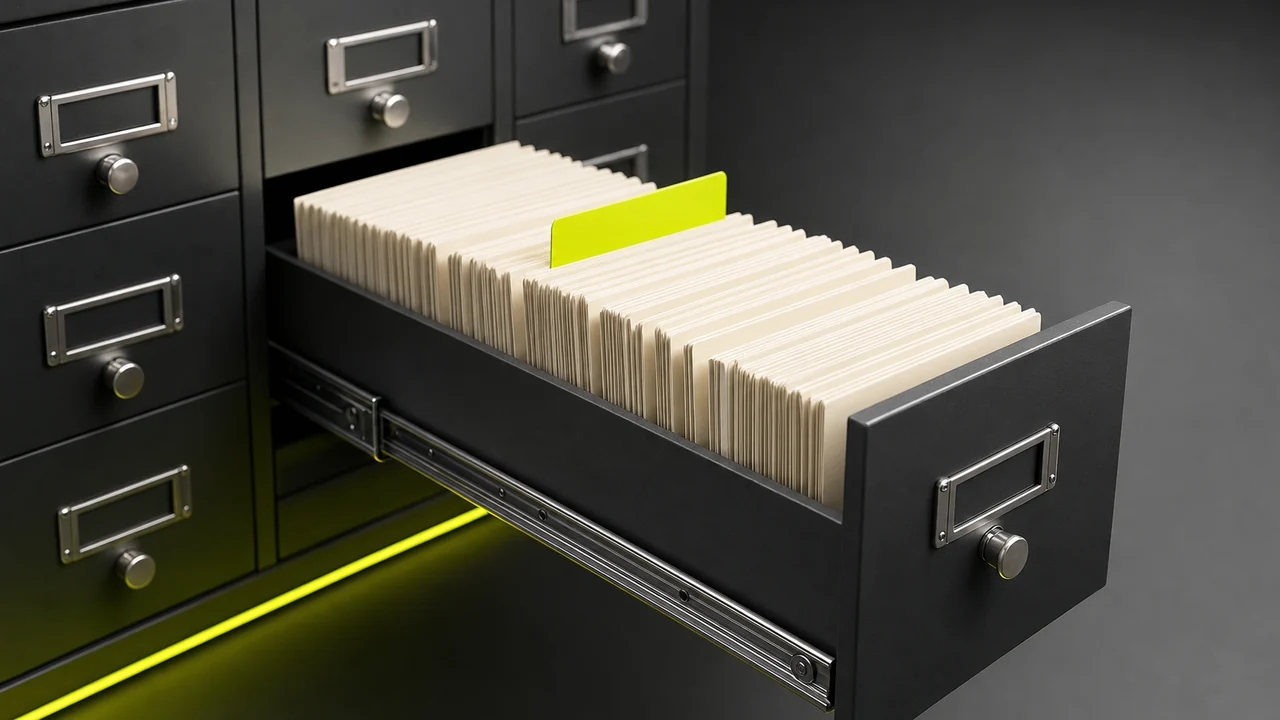 A card catalogue drawer pulled open on rows of blank index cards with one lime divider tab, created with Pixazo AI