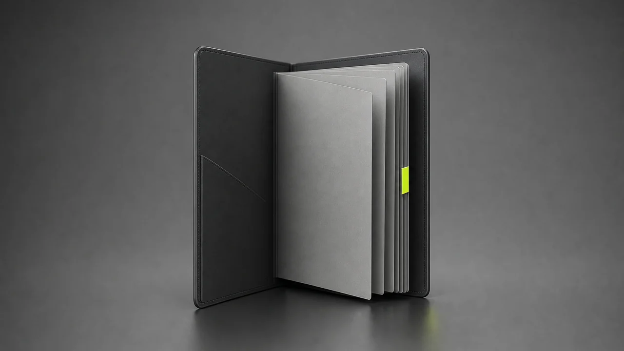 A graphite document wallet with blank pages fanned out and one lime tab marker, created with Pixazo AI