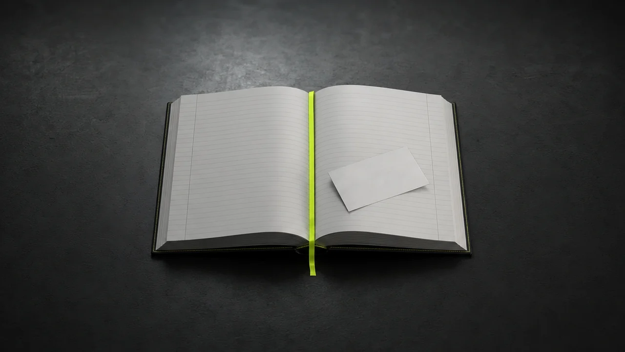 An open ruled ledger book with a lime ribbon marker and a tipped-in index card, created with Pixazo AI