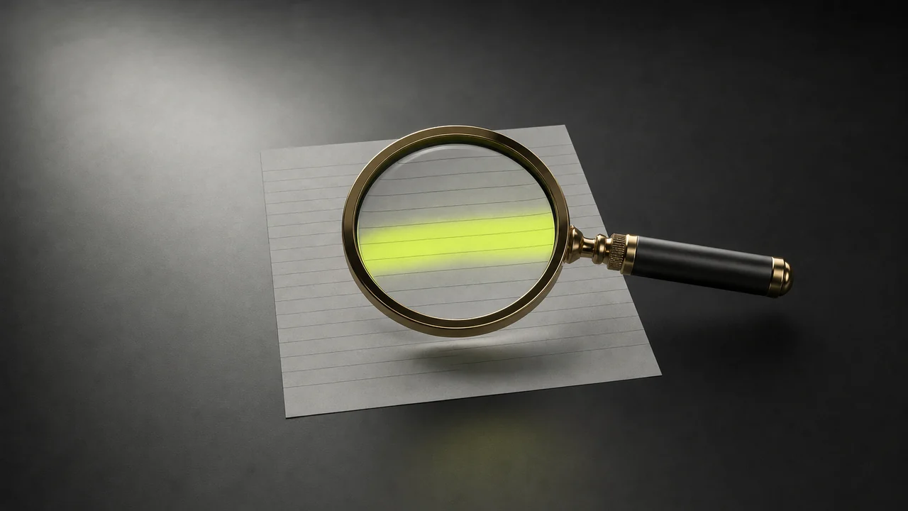 A magnifying glass hovering over a sheet of blank ruled paper under a lime highlight, created with Pixazo AI