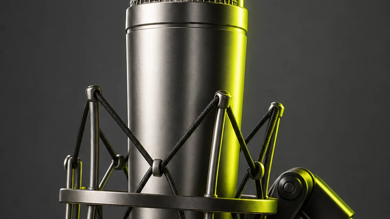 A studio condenser microphone lit by a single lime edge light, created with Pixazo AI