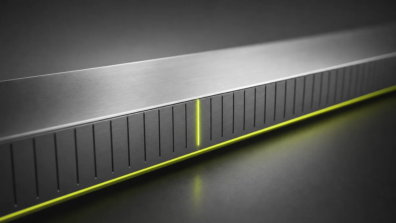 An engraved graphite measuring rule with one tick mark glowing lime, created with Pixazo AI