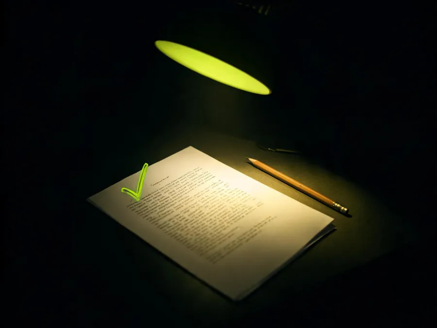 Illustration : une page de script imprimée sous une lampe de bureau, une coche tracée au crayon dans la marge, créée avec Pixazo AI