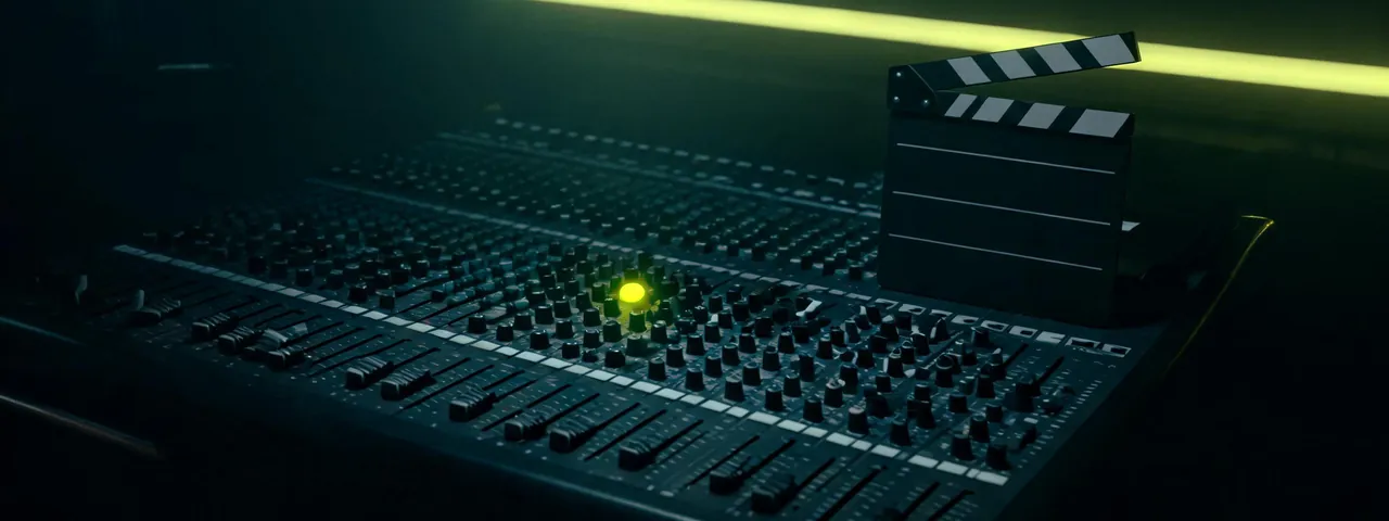 Illustration : une console de mixage broadcast vue de dessus, un voyant vert lime allumé, un clap vierge posé au bord, créée avec Pixazo AI
