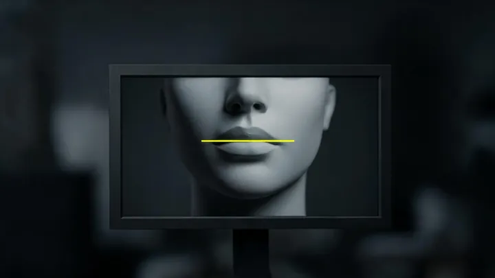 Illustration : une tête sculptée sur un moniteur de studio avec une ligne vert lime en travers des lèvres, créée avec Pixazo AI