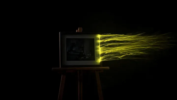 Illustration : une photo encadrée sur un chevalet dont se détachent des traînées de mouvement vert lime, créée avec Pixazo AI
