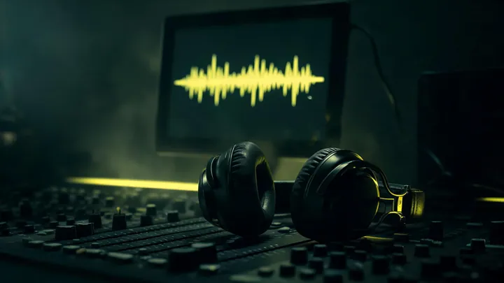 Illustration : un casque de studio posé sur une console de mixage à côté d’une forme d’onde vert lime, créée avec Pixazo AI