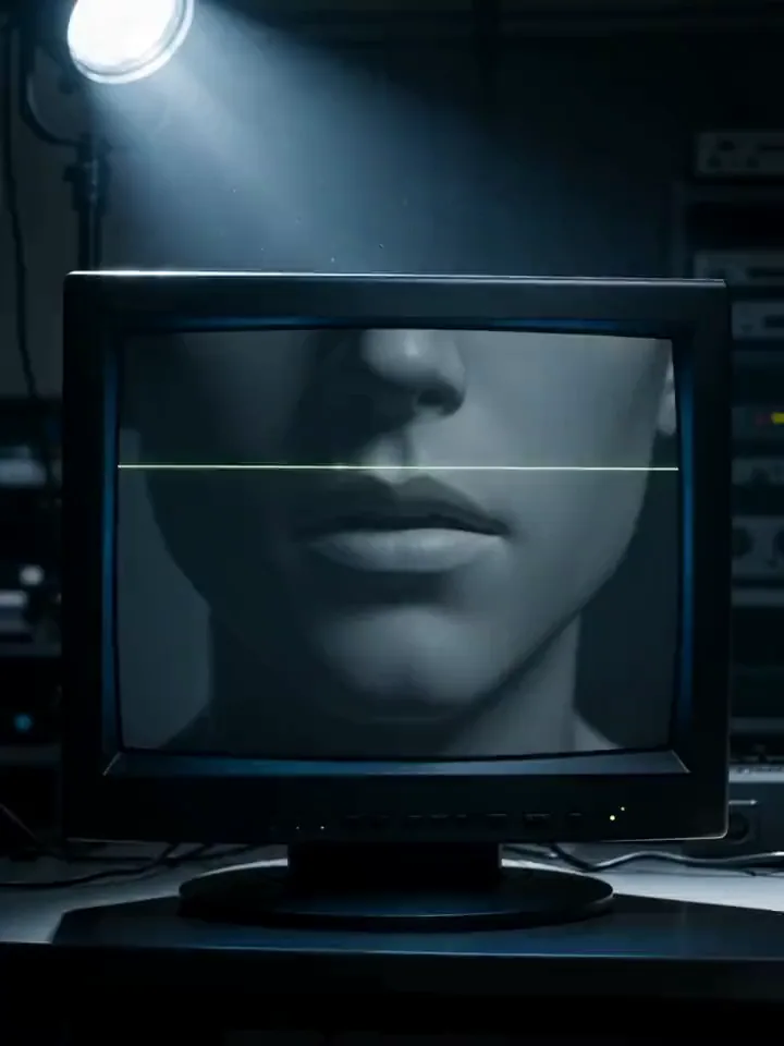 Illustration : une tête sculptée sur un moniteur de studio, cadrée sur la bouche, créée avec Pixazo AI