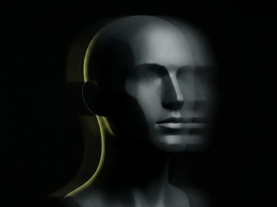 Illustration : une tête sculptée de profil, floutée par le mouvement, créée avec Pixazo AI