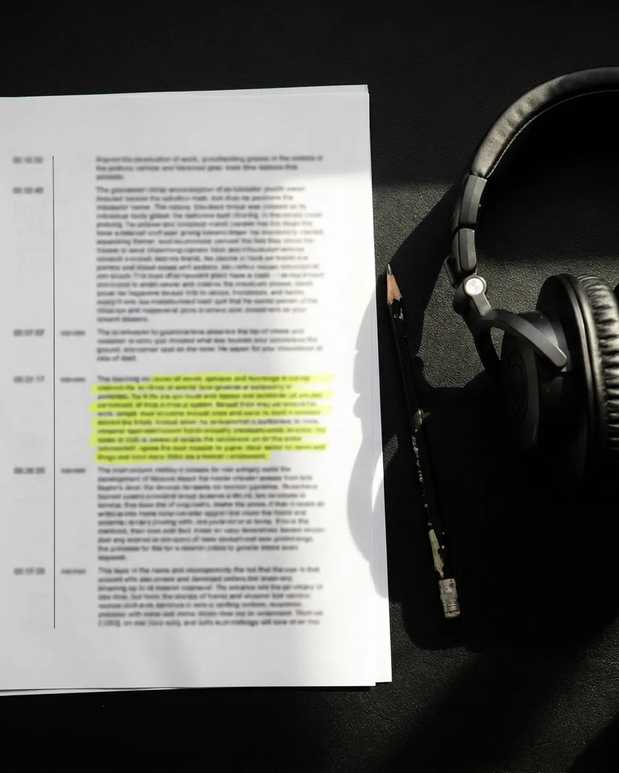 Illustration : une page de transcription horodatée posée sur un bureau de studio, créée avec Pixazo AI