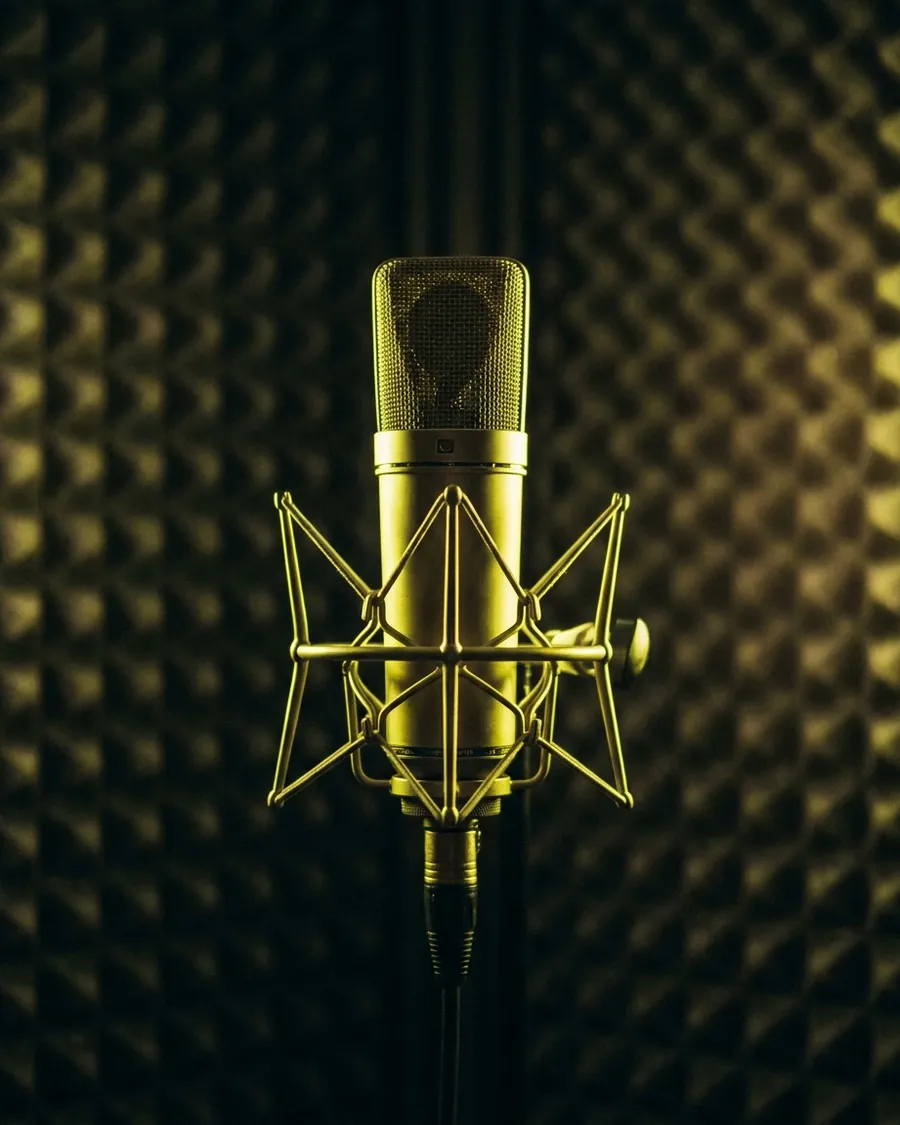 Illustration : un microphone dans une cabine de voix sous une lumière vert lime, créée avec Pixazo AI