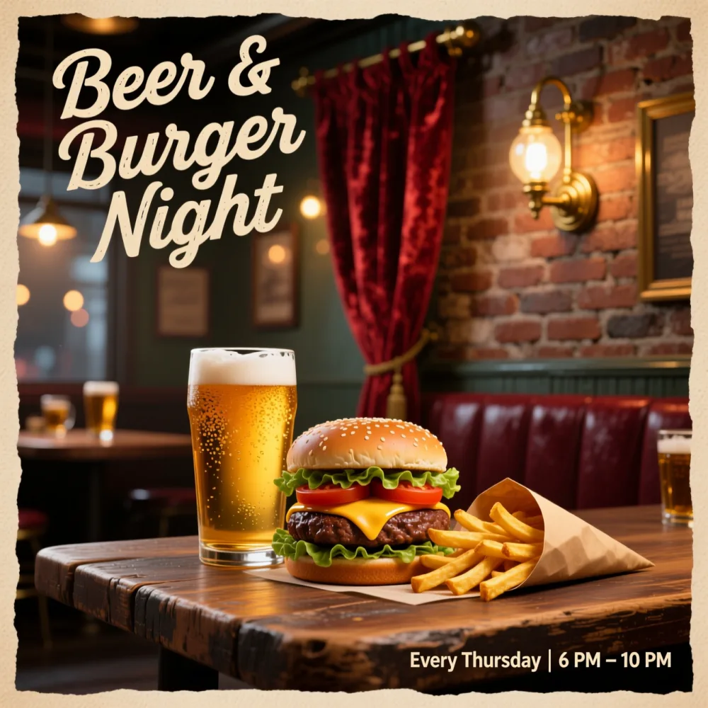 Beer and burger night pub poster