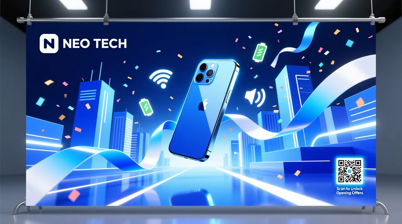 AI-generated electronics store grand opening flex banner in blue, made with Pixazo AI Flex Banner Generator