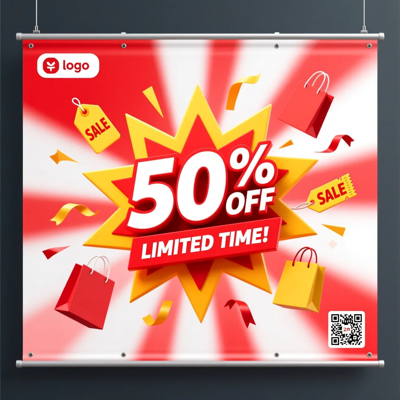 AI mega sale flex banner reading 50% OFF Limited Time, made with Pixazo AI Flex Banner Generator