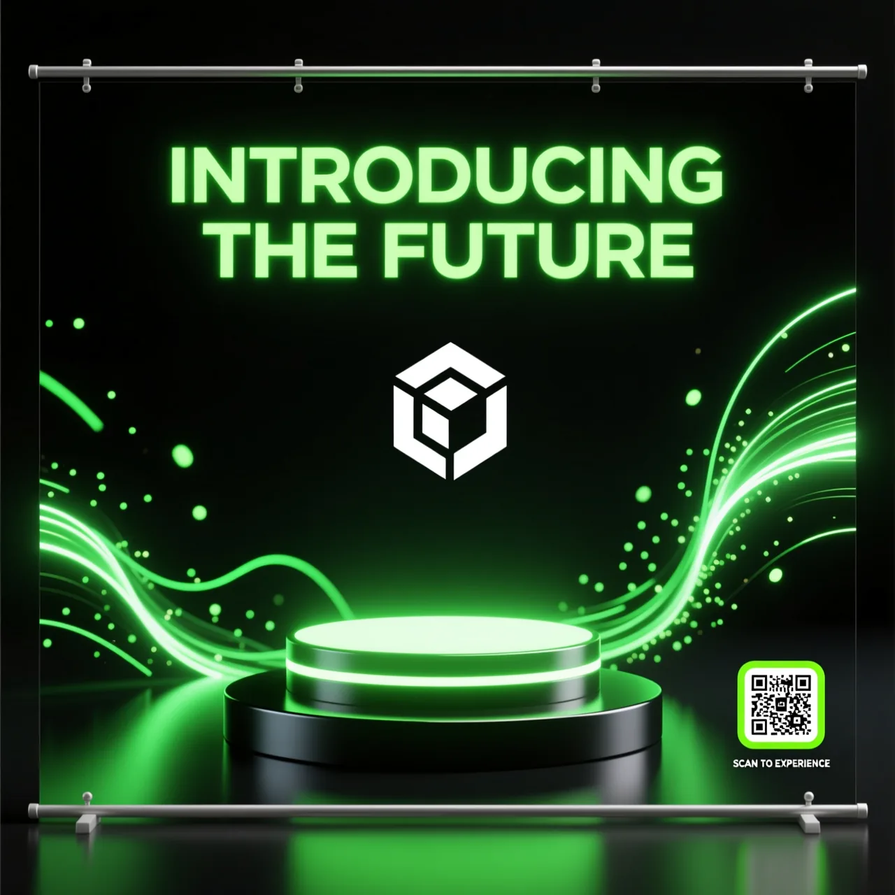 AI product launch flex banner reading Introducing the Future with neon lime accents, created with Pixazo AI Flex Banner Generator