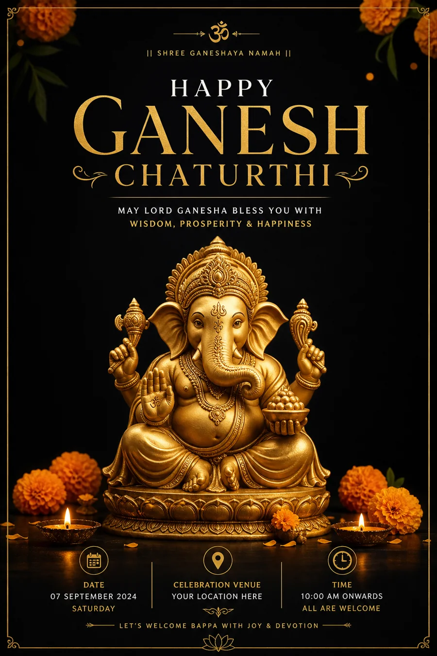 Black and gold Happy Ganesh Chaturthi poster with a golden Ganesha idol, created with Pixazo AI