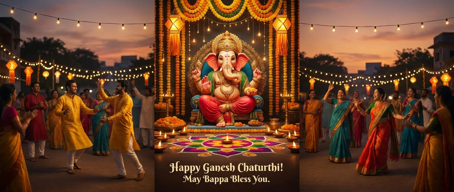Wide Ganesh Chaturthi celebration banner with a Ganesha idol on a mandap and dancing devotees, created with Pixazo AI
