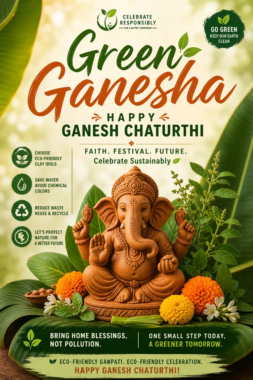 Green eco-friendly clay Ganesha Ganesh Chaturthi poster created with Pixazo AI