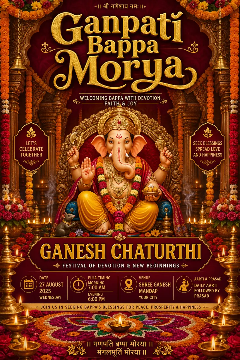 Ornate maroon and gold Ganpati Bappa Morya event poster created with Pixazo AI