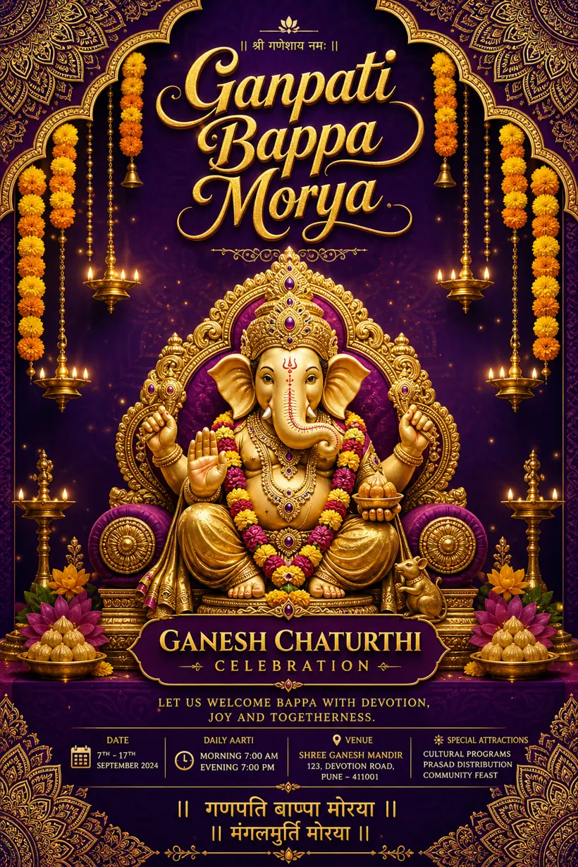 Royal purple and gold Ganesh Chaturthi celebration invitation poster created with Pixazo AI