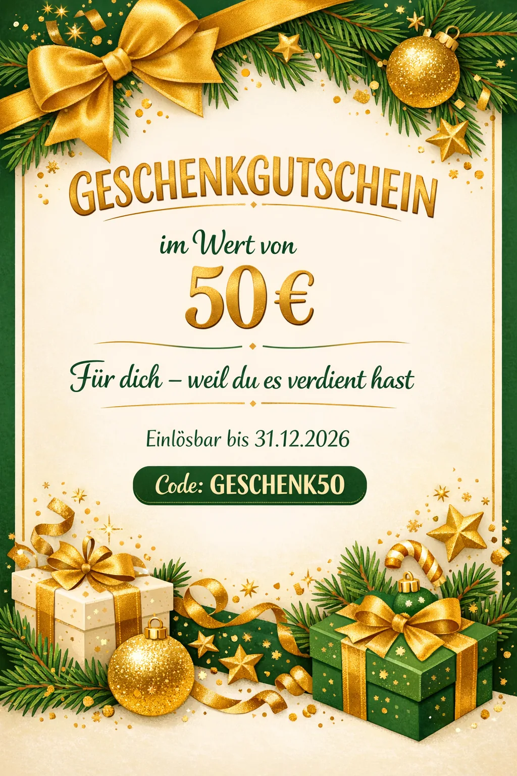 Festlicher Geschenkgutschein im Wert von 50 Euro, erstellt mit Pixazo KI