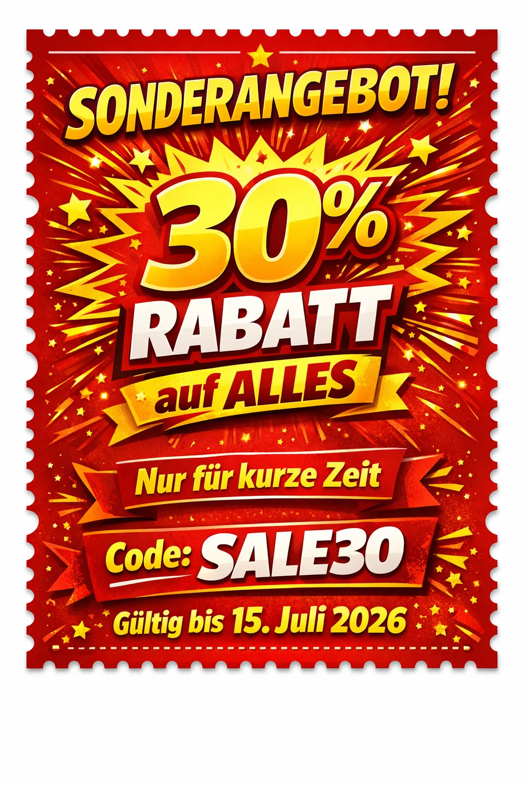 Auffälliger Sonderangebot-Gutschein mit 30% Rabatt, erstellt mit Pixazo KI