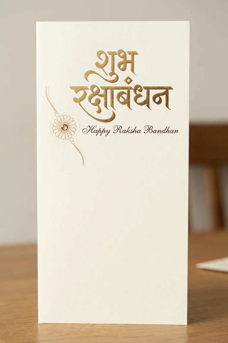 Raksha Bandhan card with a Devanagari greeting above an English line and clear space left for a handwritten message