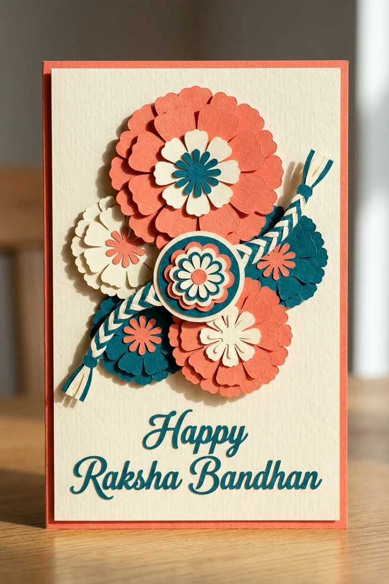 Raksha Bandhan card in a layered paper-cut style, generated with the Pixazo card maker