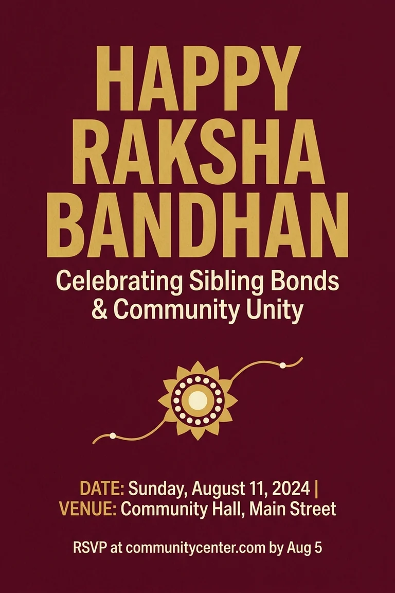 Raksha Bandhan poster showing a large greeting, a smaller occasion line, grouped event details and one closing instruction