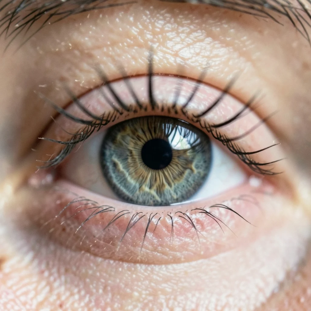 AI-generated macro photograph of a human eye showing separated eyelashes, fine lines in the iris, a single catchlight and pores in the surrounding skin