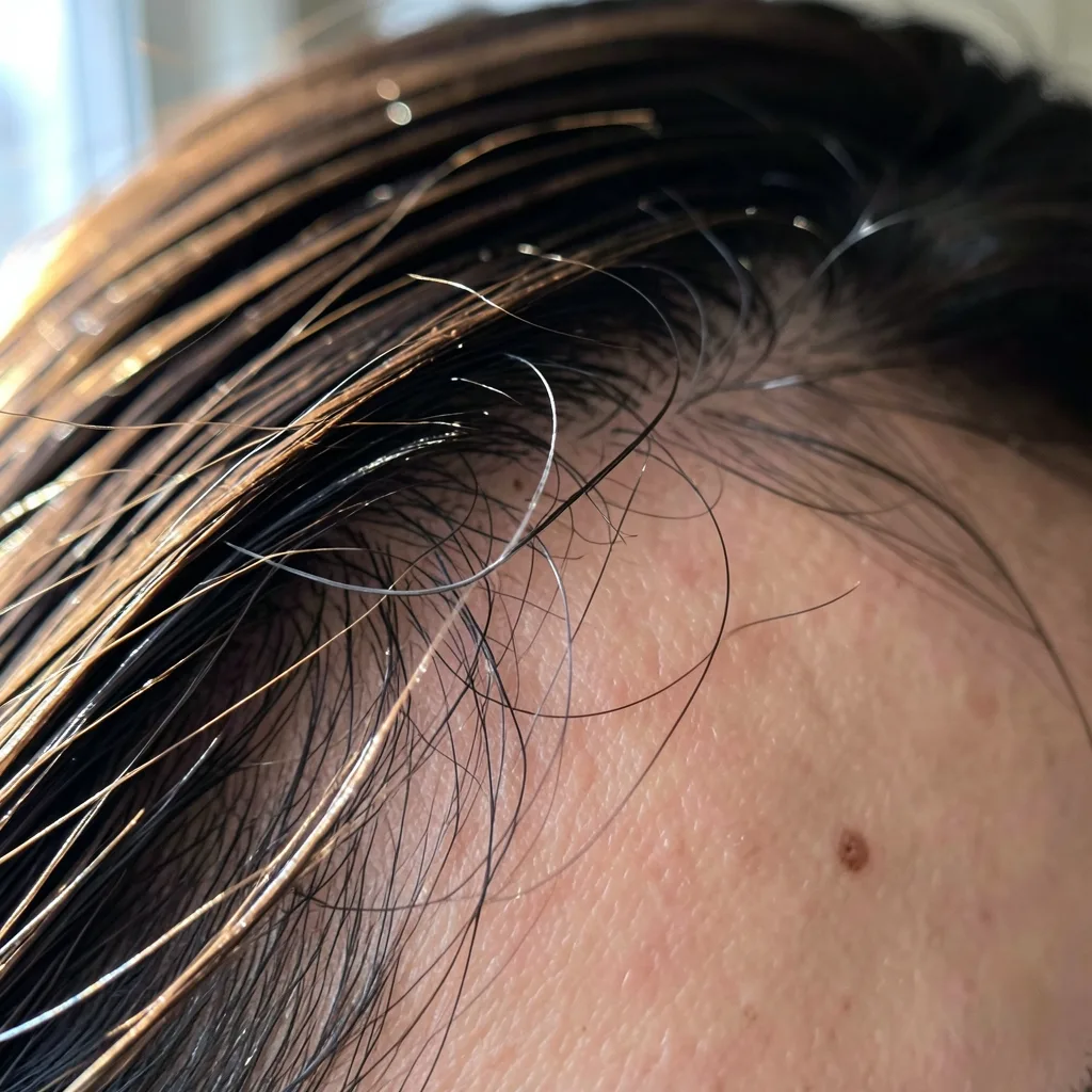 AI-generated macro photograph of a woman's temple and hairline showing individual hair strands, loose wisps lit from behind, scalp visible between the strands and a mole on the skin
