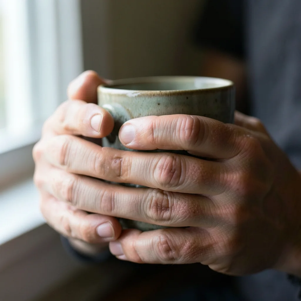 AI-generated close-up of two hands holding a ceramic mug, with the correct number of fingers, creases at the knuckles and visible veins