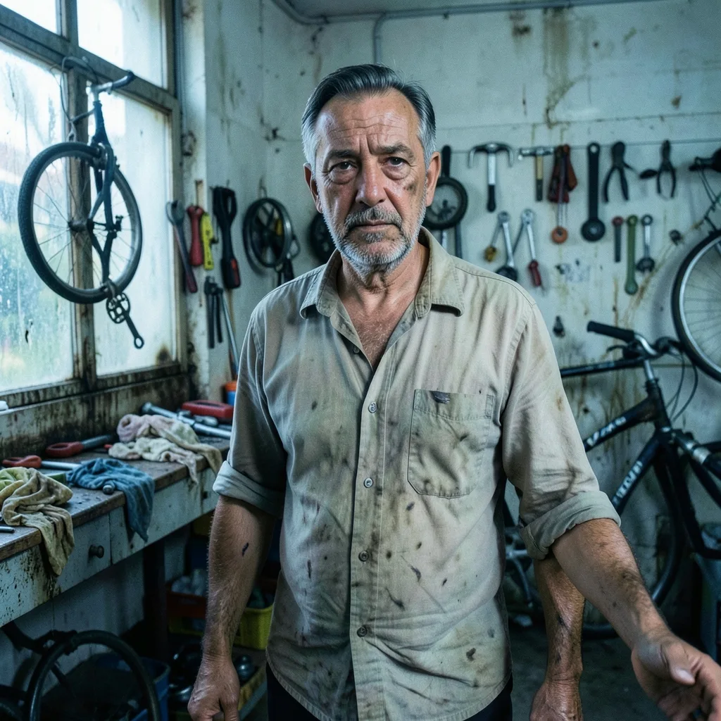 AI-generated portrait of a man in a working bicycle repair shop, with a cluttered background, a creased work shirt and daylight from a window