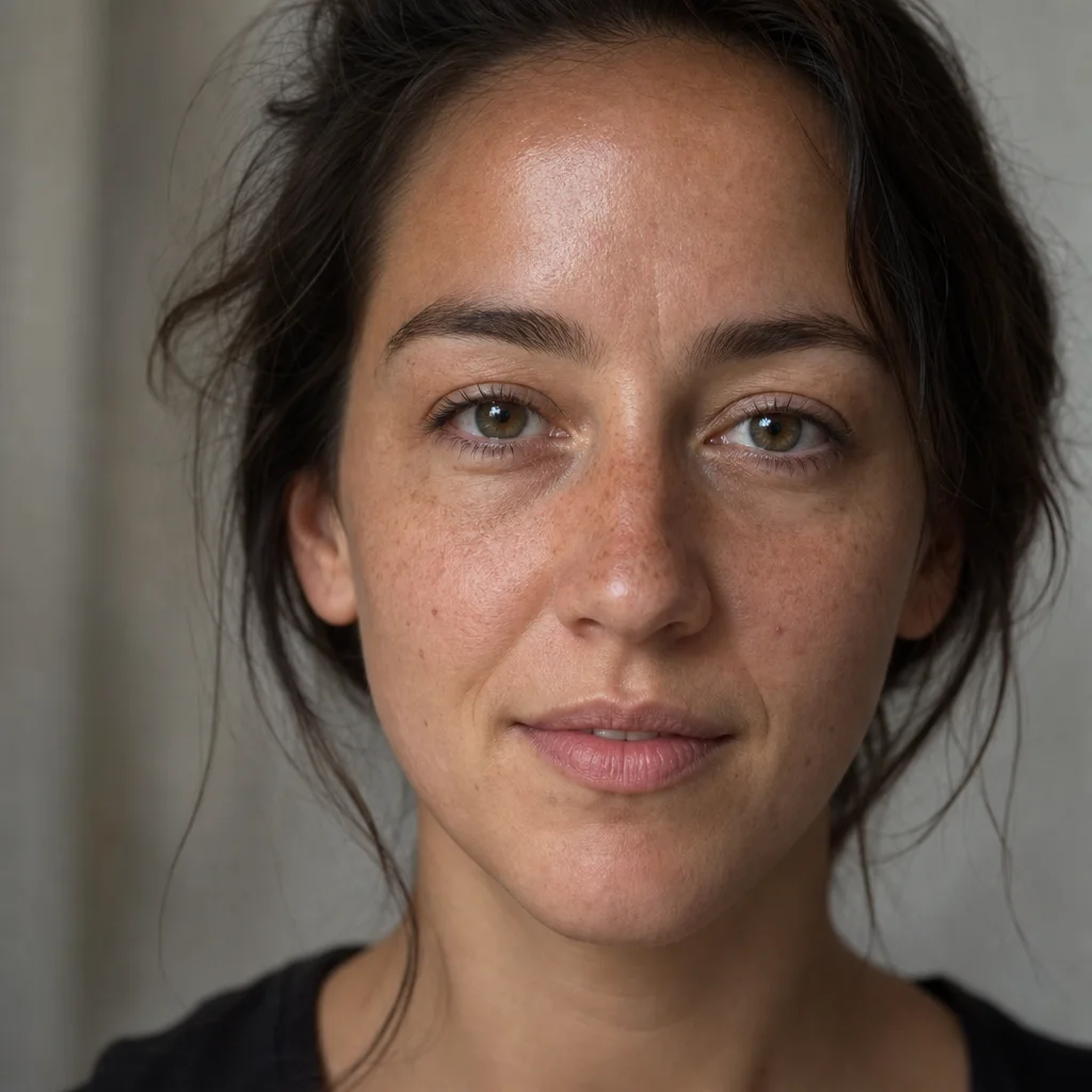 AI-generated close-up portrait of a woman in soft window light, showing freckles, visible skin pores, uneven skin tone and natural facial asymmetry