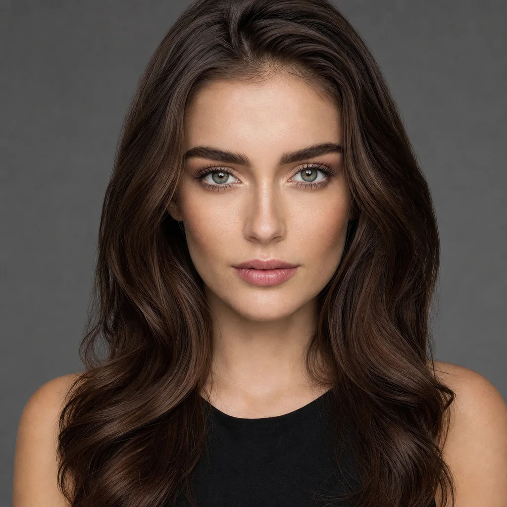 AI-generated beauty-catalogue portrait with poreless skin, near-symmetrical features, even frontal light and a retouched shine along the nose and cheekbones, an example of an unconvincing result