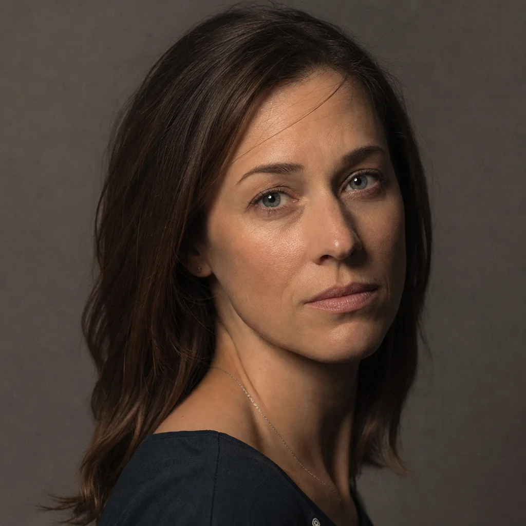 AI-generated three-quarter studio portrait of a woman lit by one softbox high to the right, with a shadow under the jaw, the far cheek falling darker, visible pores, fine lines and loose hairs across the forehead