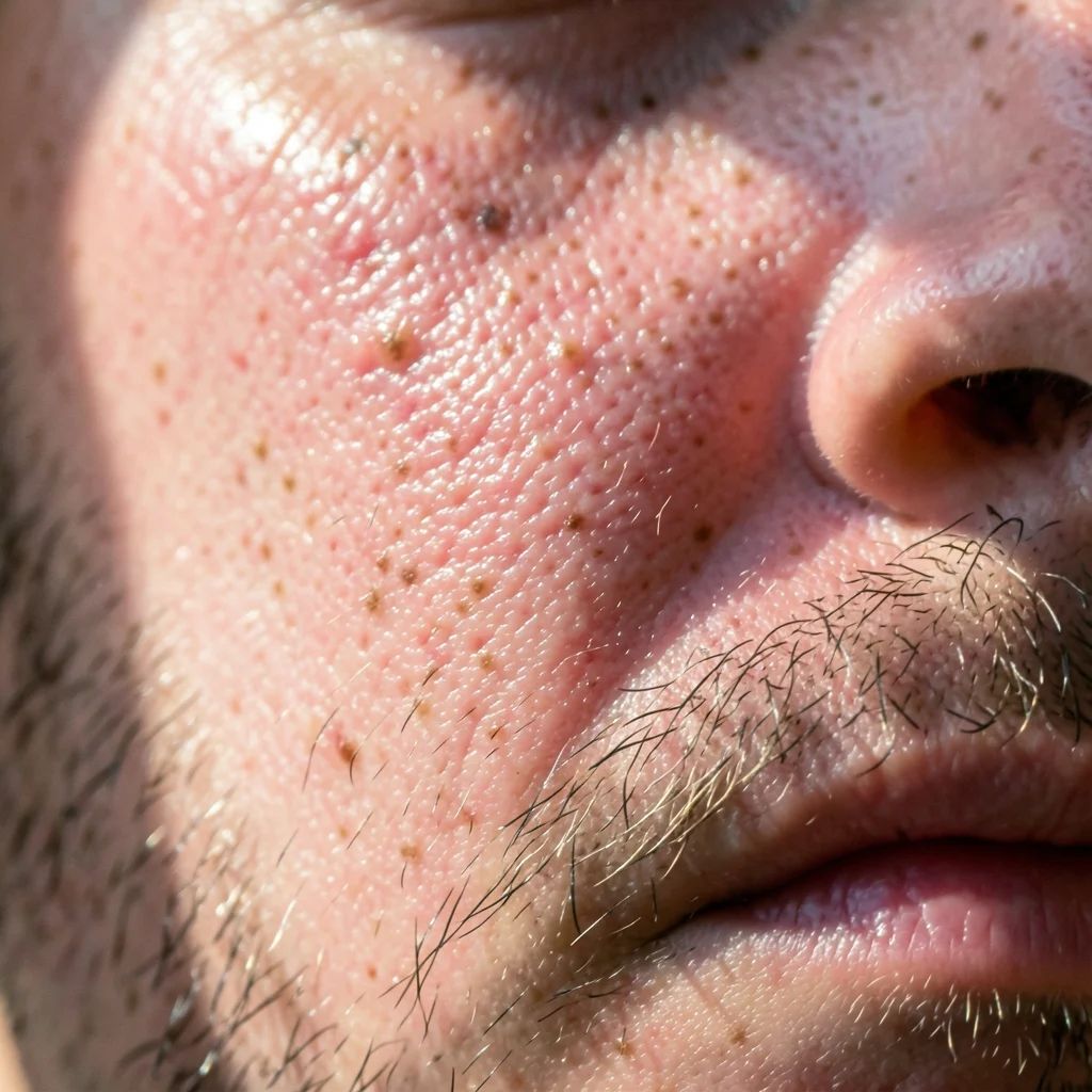 AI-generated macro photograph of cheek and jaw skin showing open pores, individual stubble hairs, moles and patchy redness under angled light