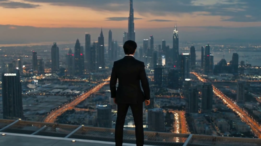Skyline Hero Arrival — hero silhouetted against the city skyline at sunset, final frame of the helicopter-arrival scene