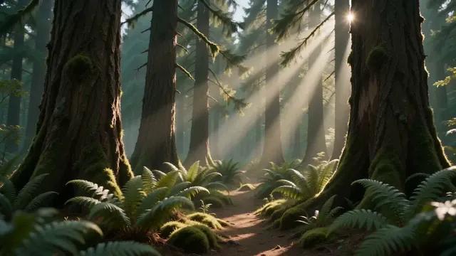 Start frame: a sunlit green forest.