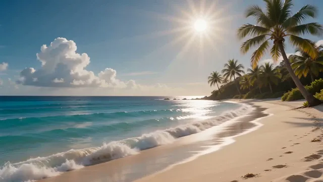 Start frame: a sunny tropical beach.