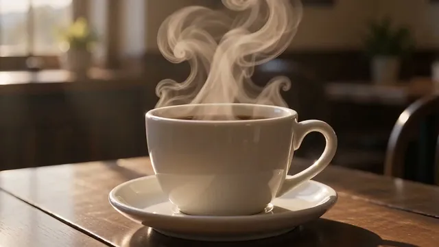 Start frame: a steaming coffee cup.