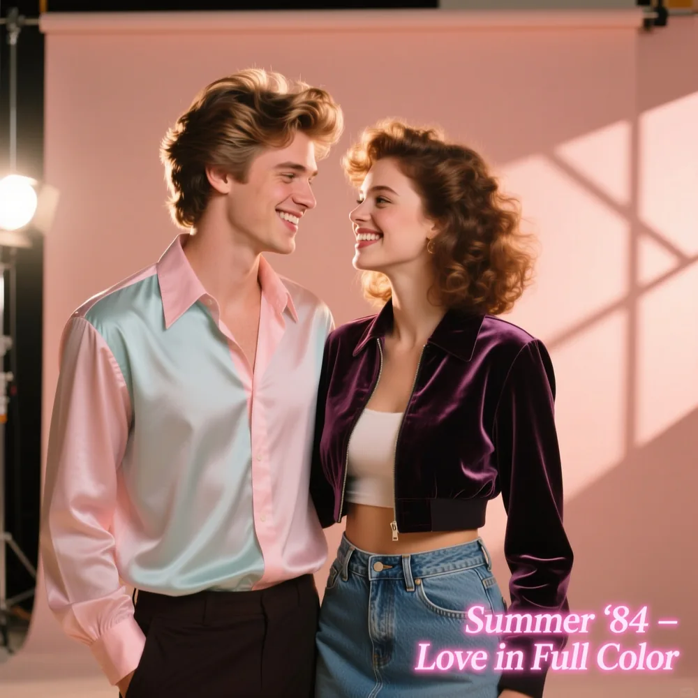 Foto vintage de pareja de los 80 creada con el generador de fotos vintage con IA de Pixazo