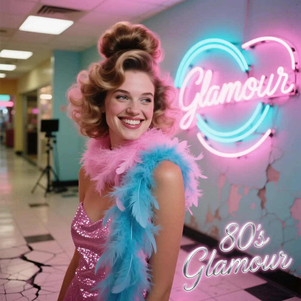 80s neon glamour vintage portrait developed with Pixazo Generador de fotos vintage con IA