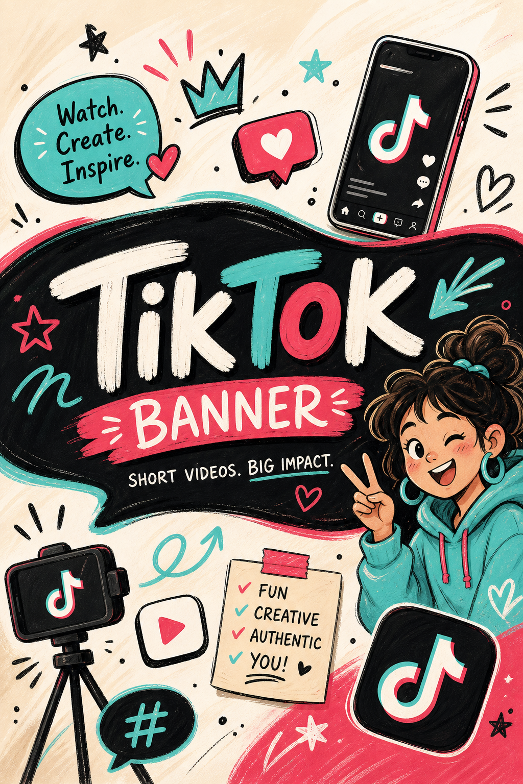 TikTok banner — Watch. Create. Inspire. illustrated cover — Pixazo AI generated