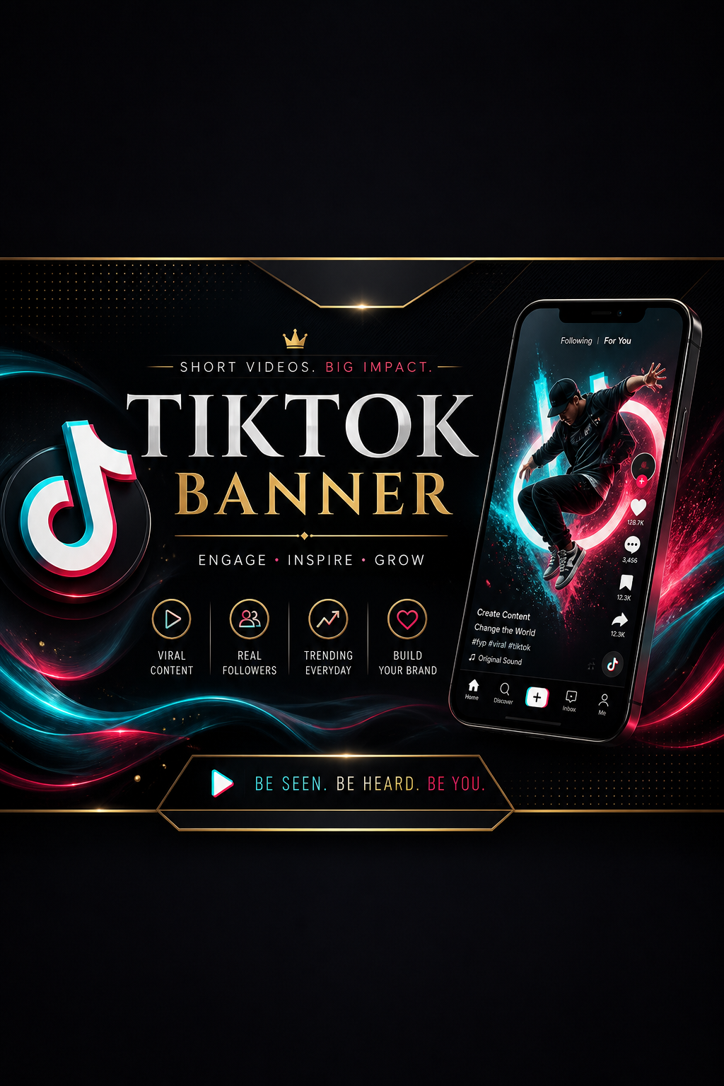 TikTok banner — Engage. Inspire. Grow. dark-mode marketing layout — Pixazo AI generated