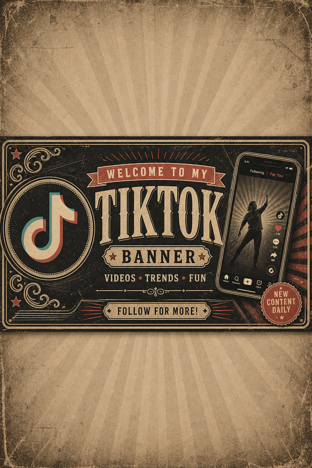 TikTok banner — Welcome to my TikTok لافتة — فيديوهات · الاتجاهات · Fun vintage header — Pixazo AI generated