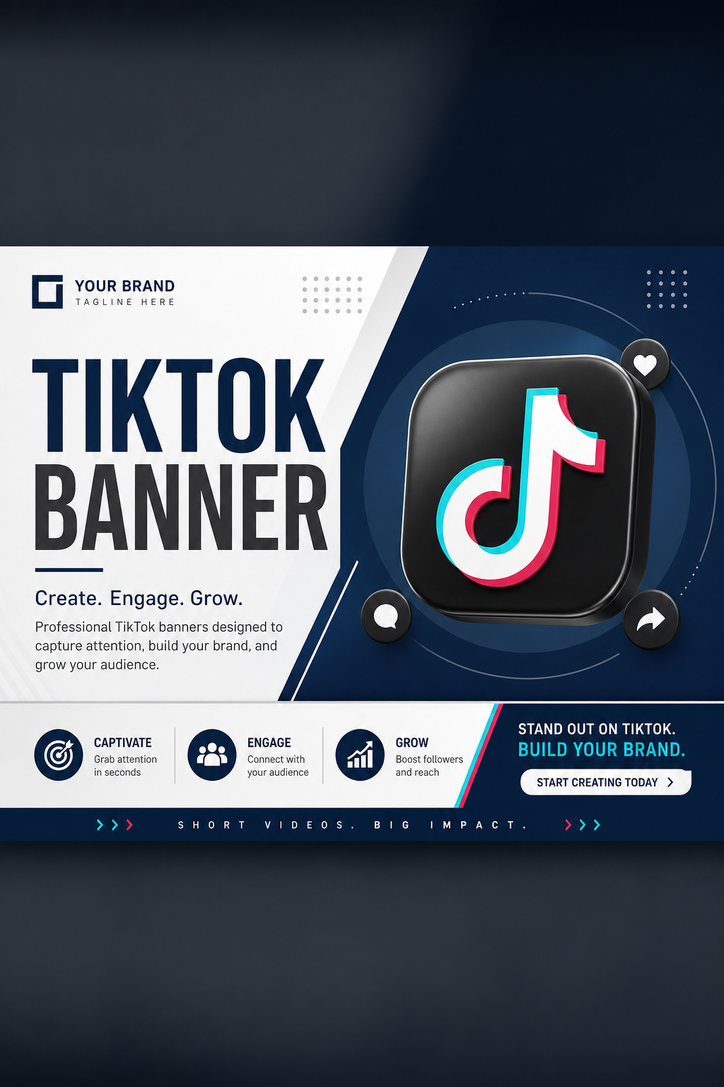 TikTok banner — Create. Engage. Grow. clean brand template — Pixazo AI generated
